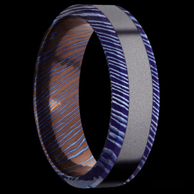 7 mm wide/High Bevel/Titanium Damascus band with one 3 mm Centered inlay of Tantalum.