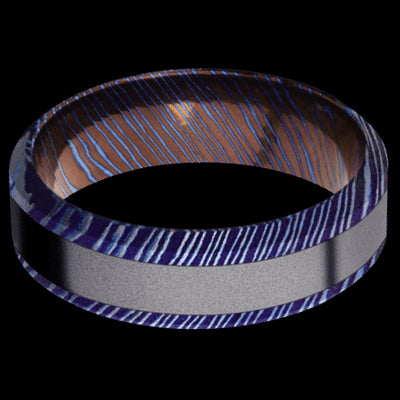 7 mm wide/High Bevel/Titanium Damascus band with one 3 mm Centered inlay of Tantalum.