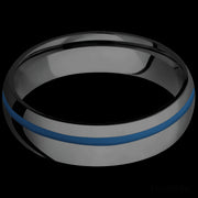 6 mm wide/Domed/Zirconium band with one 1 mm Off Center inlay of Ridgeway Blue.