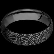 6 mm wide/Domed/Zirconium band with a laser carved Twisted Leaf pattern.