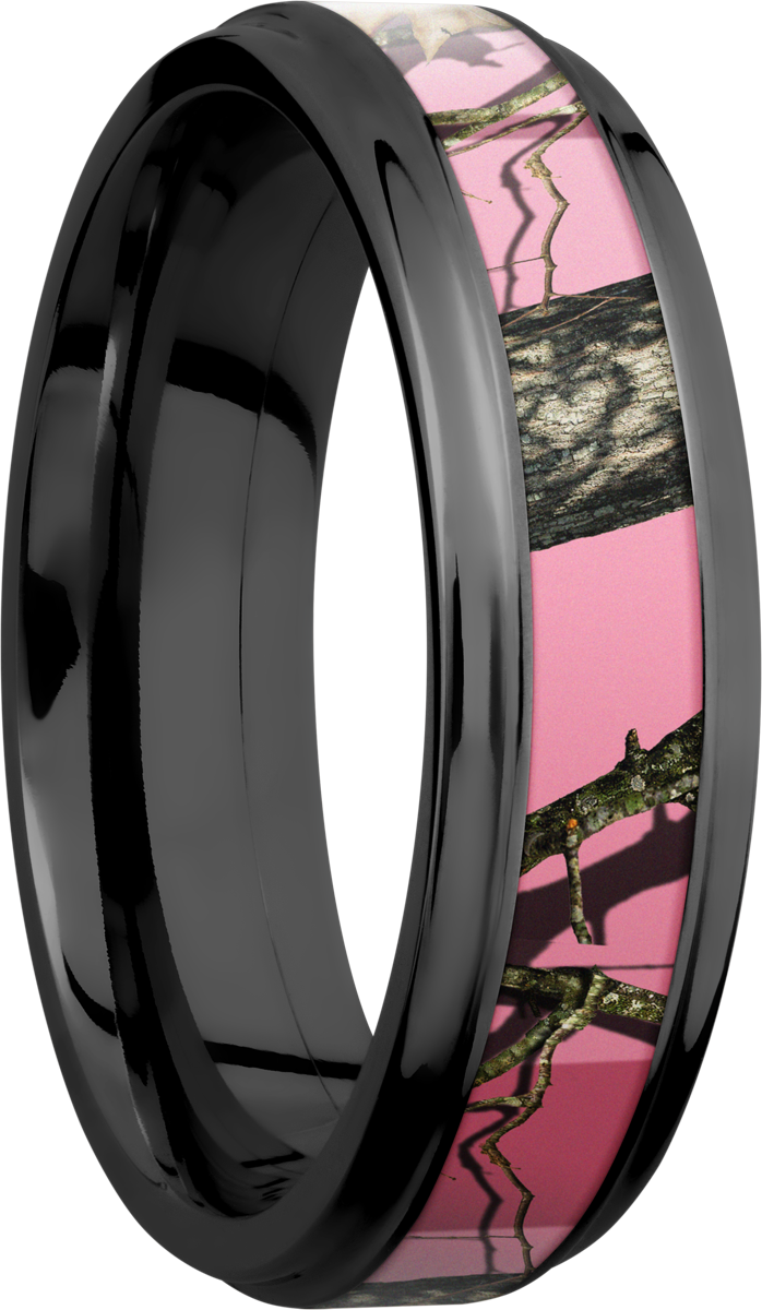 Cobalt chrome 6mm flat band with grooved edges and a 3mm inlay of Mossy Oak Pink Break Up Camo