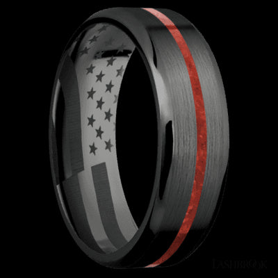 7 mm wide/Beveled/Zirconium band with one 1 mm Centered inlay of Coral.