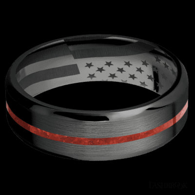 7 mm wide/Beveled/Zirconium band with one 1 mm Centered inlay of Coral.