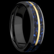 7 mm wide/Beveled/Zirconium band featuring inlays of Blue Tiger Eye and 14K Yellow Gold.