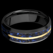 7 mm wide/Beveled/Zirconium band featuring inlays of Blue Tiger Eye and 14K Yellow Gold.