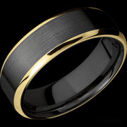 7 mm wide/Beveled/Zirconium band with two 1 mm Edge inlays of 14K Yellow Gold.