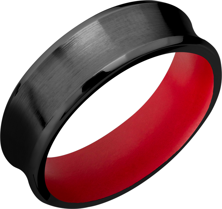 Zirconium 7mm concave band with beveled edges and a red Cerakote sleeve