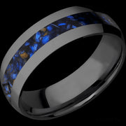 7 mm wide/Domed/Zirconium band with one 3 mm Centered inlay of Blue Tiger Eye.