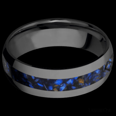 7 mm wide/Domed/Zirconium band with one 3 mm Centered inlay of Blue Tiger Eye.