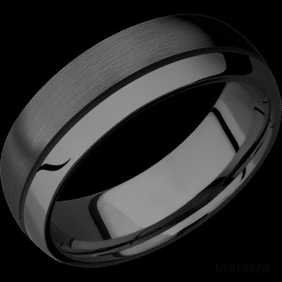 7 mm wide/Domed/Zirconium band with one 0.5 mm Off Center inlay of Black.