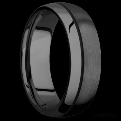 7 mm wide/Domed/Zirconium band with one 0.5 mm Off Center inlay of Black.