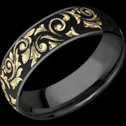 7 mm wide/Domed/Zirconium band with one 6 mm Centered inlay of 14K Yellow Gold with a laser carved Western Scroll pattern.