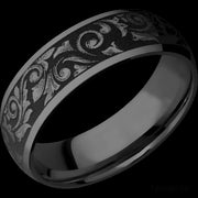 7 mm wide/Domed/Zirconium band with a laser carved Western Scroll pattern.