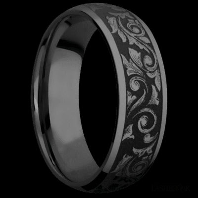 7 mm wide/Domed/Zirconium band with a laser carved Western Scroll pattern.