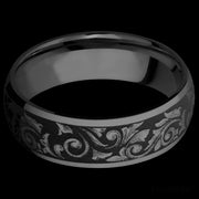 7 mm wide/Domed/Zirconium band with a laser carved Western Scroll pattern.