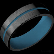 7 mm wide/Flat/Zirconium band with one 1 mm Centered inlay of Royal Blue also featuring a Royal Blue sleeve.