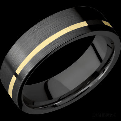 7 mm wide/Flat/Zirconium band with one 1 mm Off Center inlay of 14K Yellow Gold.