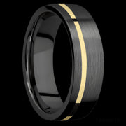 7 mm wide/Flat/Zirconium band with one 1 mm Off Center inlay of 14K Yellow Gold.