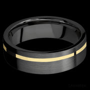 7 mm wide/Flat/Zirconium band with one 1 mm Off Center inlay of 14K Yellow Gold.