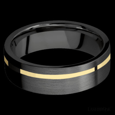 7 mm wide/Flat/Zirconium band with one 1 mm Off Center inlay of 14K Yellow Gold.