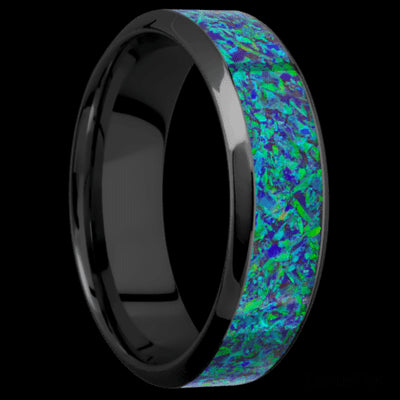 7 mm wide/High Bevel/Zirconium band with one 4 mm Centered inlay of Green Opal.