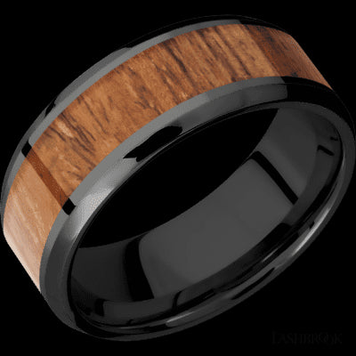 8 mm wide/Beveled/Zirconium band with one 5 mm Centered inlay of Desert Iron Wood.