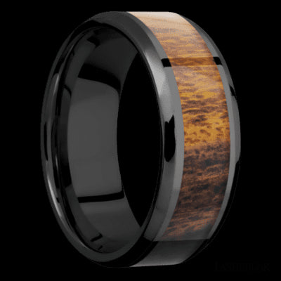 8 mm wide/Beveled/Zirconium band with one 5 mm Centered inlay of Desert Iron Wood.