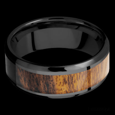 8 mm wide/Beveled/Zirconium band with one 5 mm Centered inlay of Desert Iron Wood.