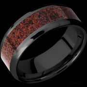 8 mm wide/Beveled/Zirconium band with one 5 mm Centered inlay of Dinosaur Bone Red.
