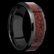 8 mm wide/Beveled/Zirconium band with one 5 mm Centered inlay of Dinosaur Bone Red.