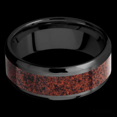 8 mm wide/Beveled/Zirconium band with one 5 mm Centered inlay of Dinosaur Bone Red.