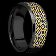 8 mm wide/Beveled/Zirconium band with one 6 mm Centered inlay of 14K Yellow Gold with a laser carved Trellis 2 pattern.