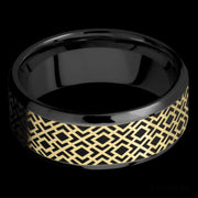 8 mm wide/Beveled/Zirconium band with one 6 mm Centered inlay of 14K Yellow Gold with a laser carved Trellis 2 pattern.