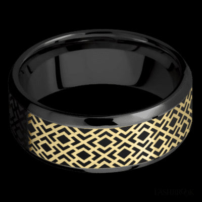8 mm wide/Beveled/Zirconium band with one 6 mm Centered inlay of 14K Yellow Gold with a laser carved Trellis 2 pattern.