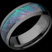 8 mm wide/Domed/Zirconium band with one 5 mm Centered inlay of Black Mother of Pearl.