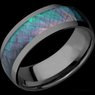 8 mm wide/Domed/Zirconium band with one 5 mm Centered inlay of Black Mother of Pearl.
