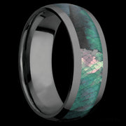8 mm wide/Domed/Zirconium band with one 5 mm Centered inlay of Black Mother of Pearl.