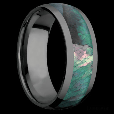 8 mm wide/Domed/Zirconium band with one 5 mm Centered inlay of Black Mother of Pearl.