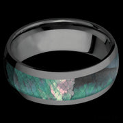 8 mm wide/Domed/Zirconium band with one 5 mm Centered inlay of Black Mother of Pearl.