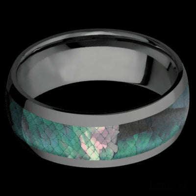 8 mm wide/Domed/Zirconium band with one 5 mm Centered inlay of Black Mother of Pearl.