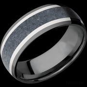 8 mm wide/Domed/Zirconium band featuring inlays of 14K White Gold and Blue Sapphire.