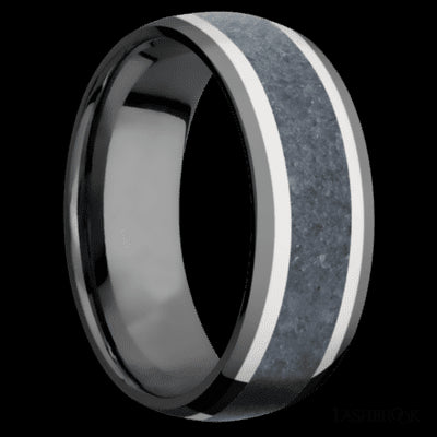 8 mm wide/Domed/Zirconium band featuring inlays of 14K White Gold and Blue Sapphire.
