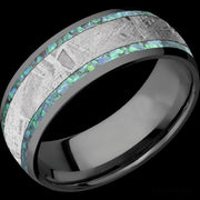 8 mm wide/Domed/Zirconium band featuring inlays of Teal Opal and Meteorite.