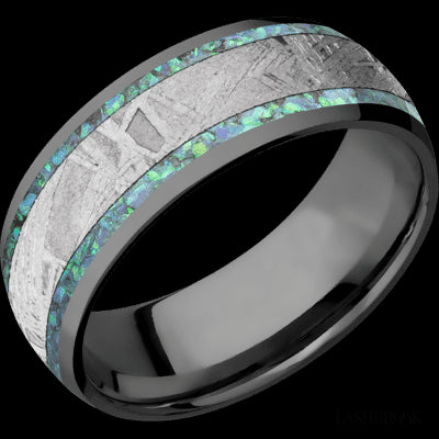 8 mm wide/Domed/Zirconium band featuring inlays of Teal Opal and Meteorite.