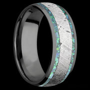 8 mm wide/Domed/Zirconium band featuring inlays of Teal Opal and Meteorite.