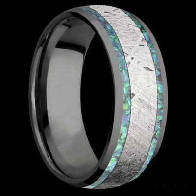 8 mm wide/Domed/Zirconium band featuring inlays of Teal Opal and Meteorite.