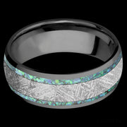 8 mm wide/Domed/Zirconium band featuring inlays of Teal Opal and Meteorite.