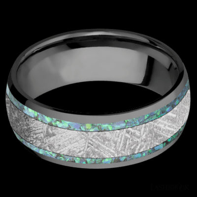 8 mm wide/Domed/Zirconium band featuring inlays of Teal Opal and Meteorite.