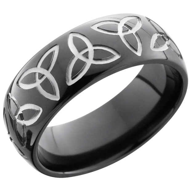 Zirconium 8mm domed band with a laser-carved trinity pattern