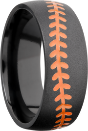 Zirconium 8mm domed band with a laser-carved baseball stitch and orange Cerakote in the recessed stitching